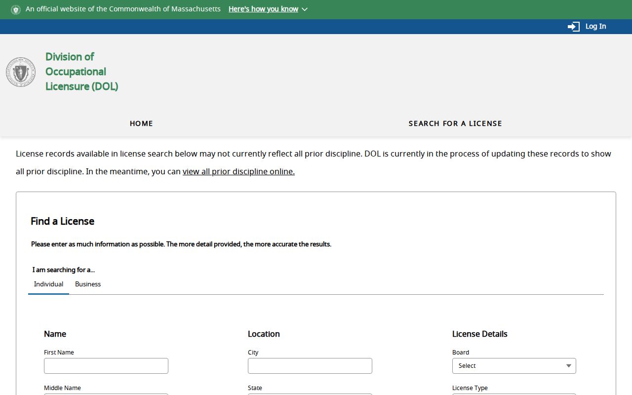 Melrose resident lookup Massachusetts occupational license search