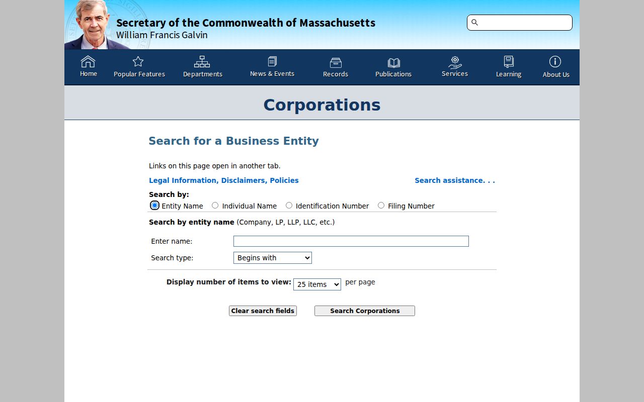 Melrose resident lookup Massachusetts corporation search fields