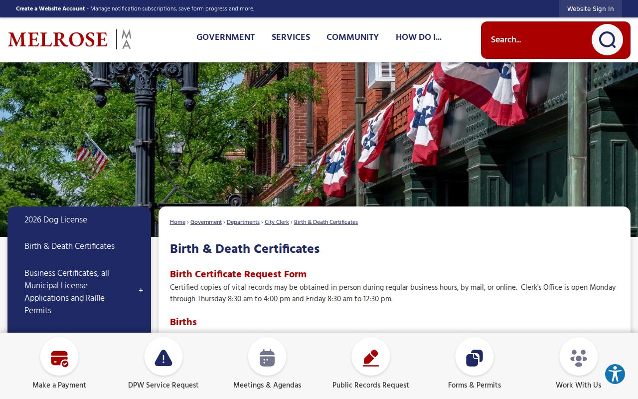 Melrose resident lookup City Clerk vital certificate instructions